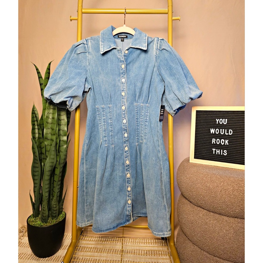 Express NWT Women's Blue Denim Shirt Dress Collared Corset Waist Puff Sleeve M